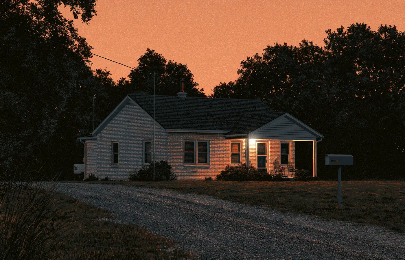 Modest single-story brick house with a warm porch light on the flat north Texas prairie