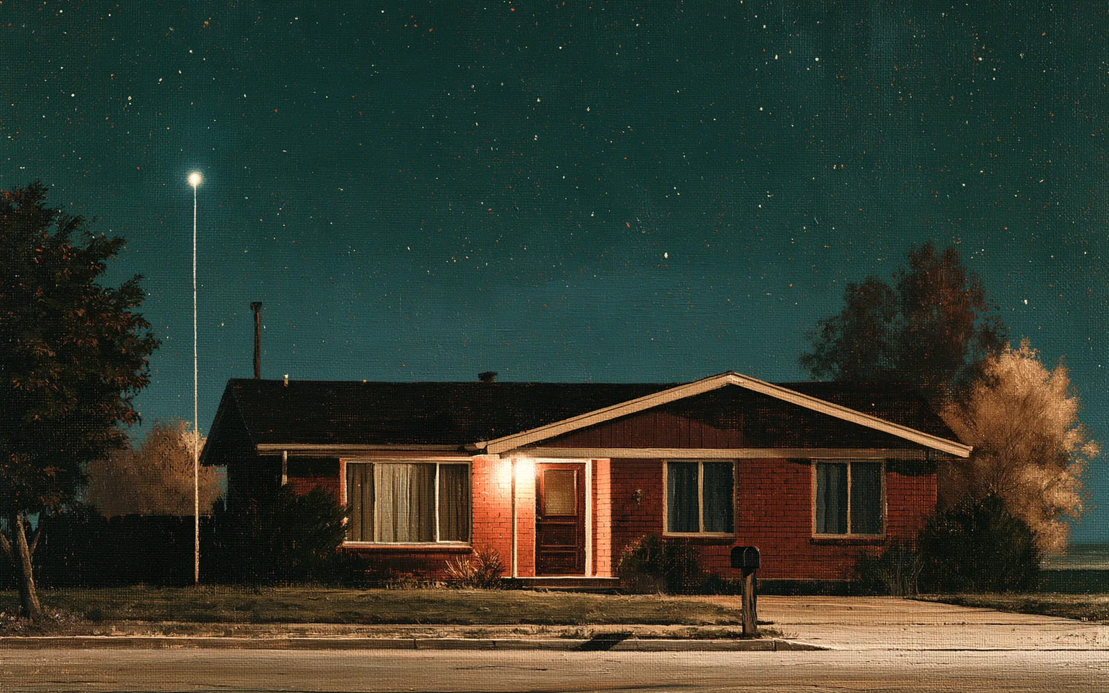 Painting of a single-story brick house at night with only the porch light on