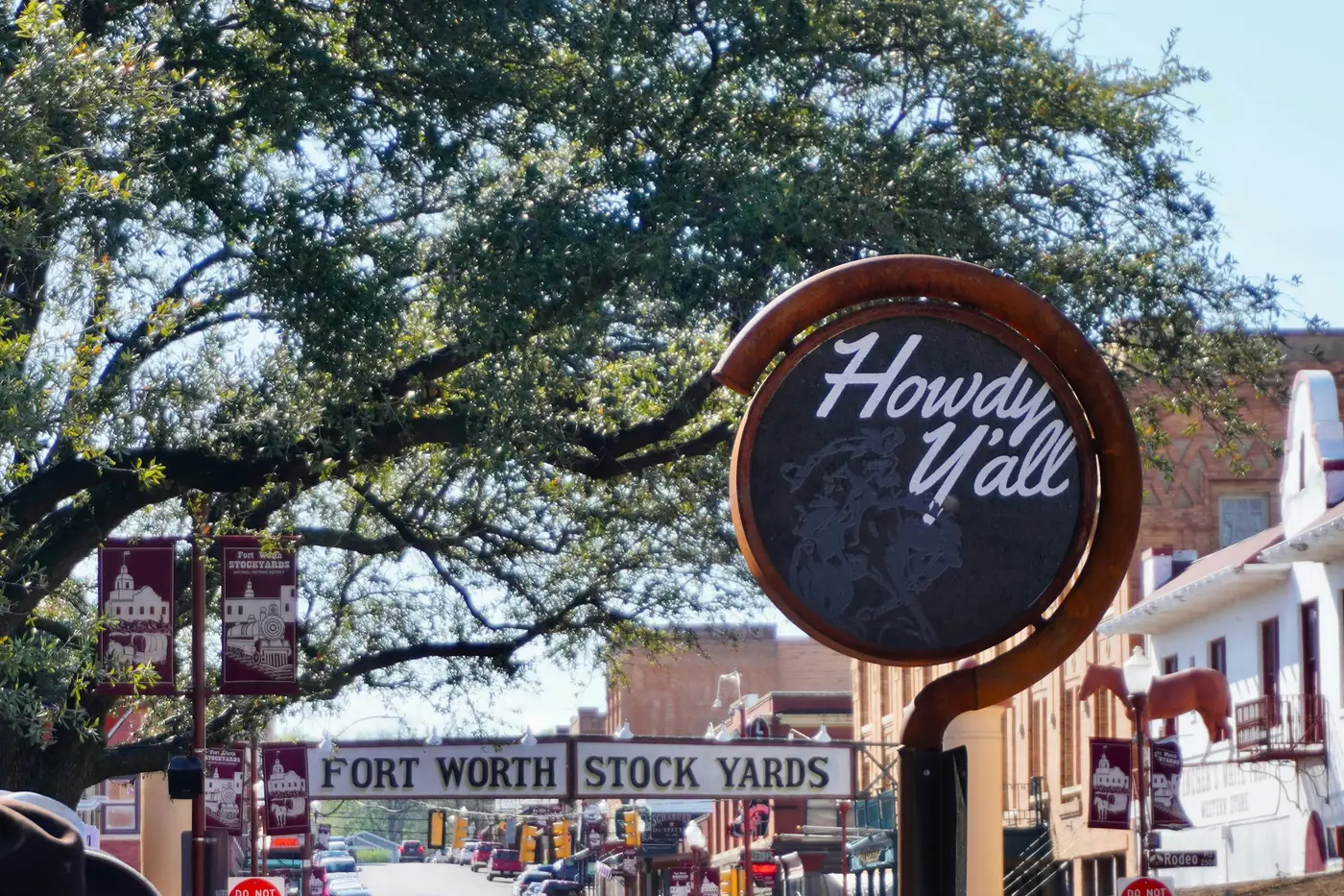 Fort Worth Stockyards entrance sign on East Exchange Avenue in Fort Worth, Texas