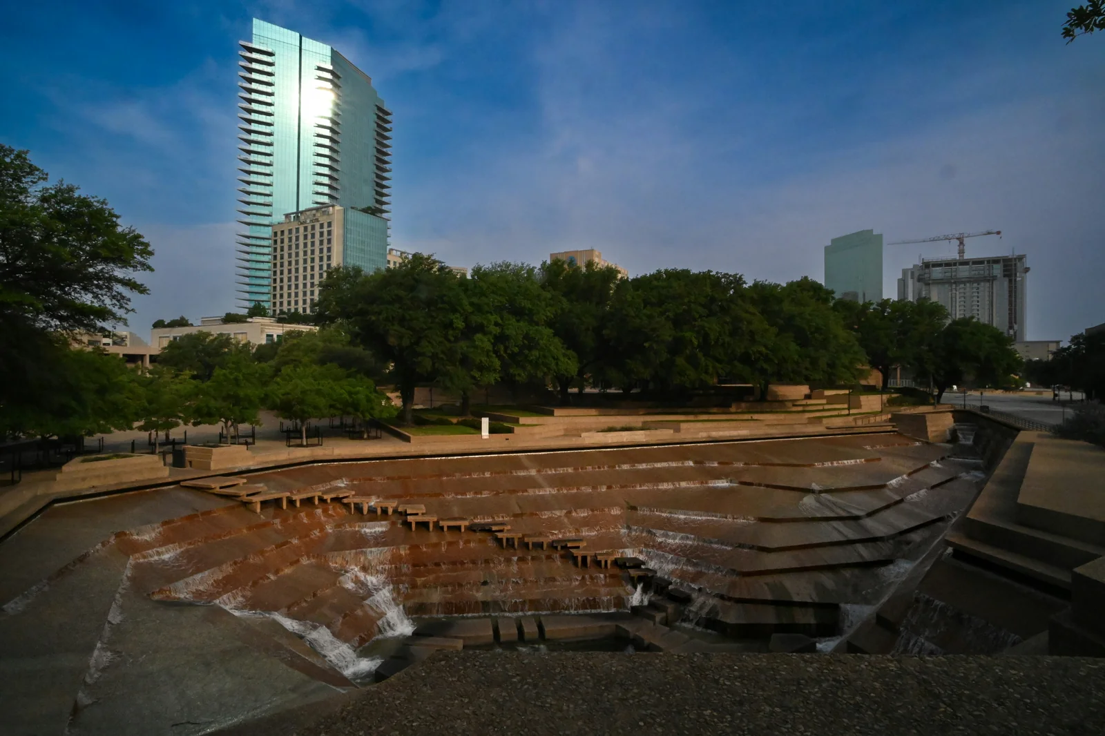 Fort Worth skyline beyond the downtown Water Gardens, representing the Tarrant County rental market