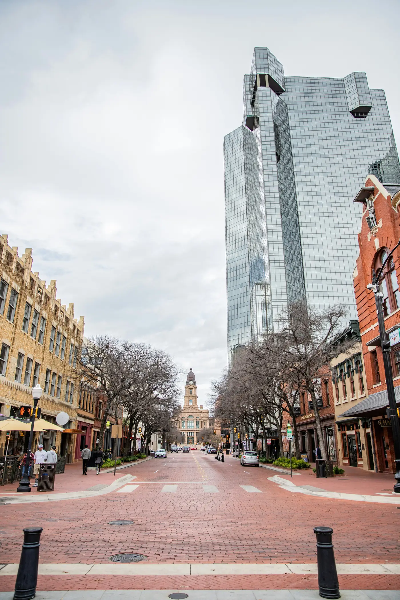 Downtown Fort Worth looking down Main Street toward the Tarrant County Courthouse