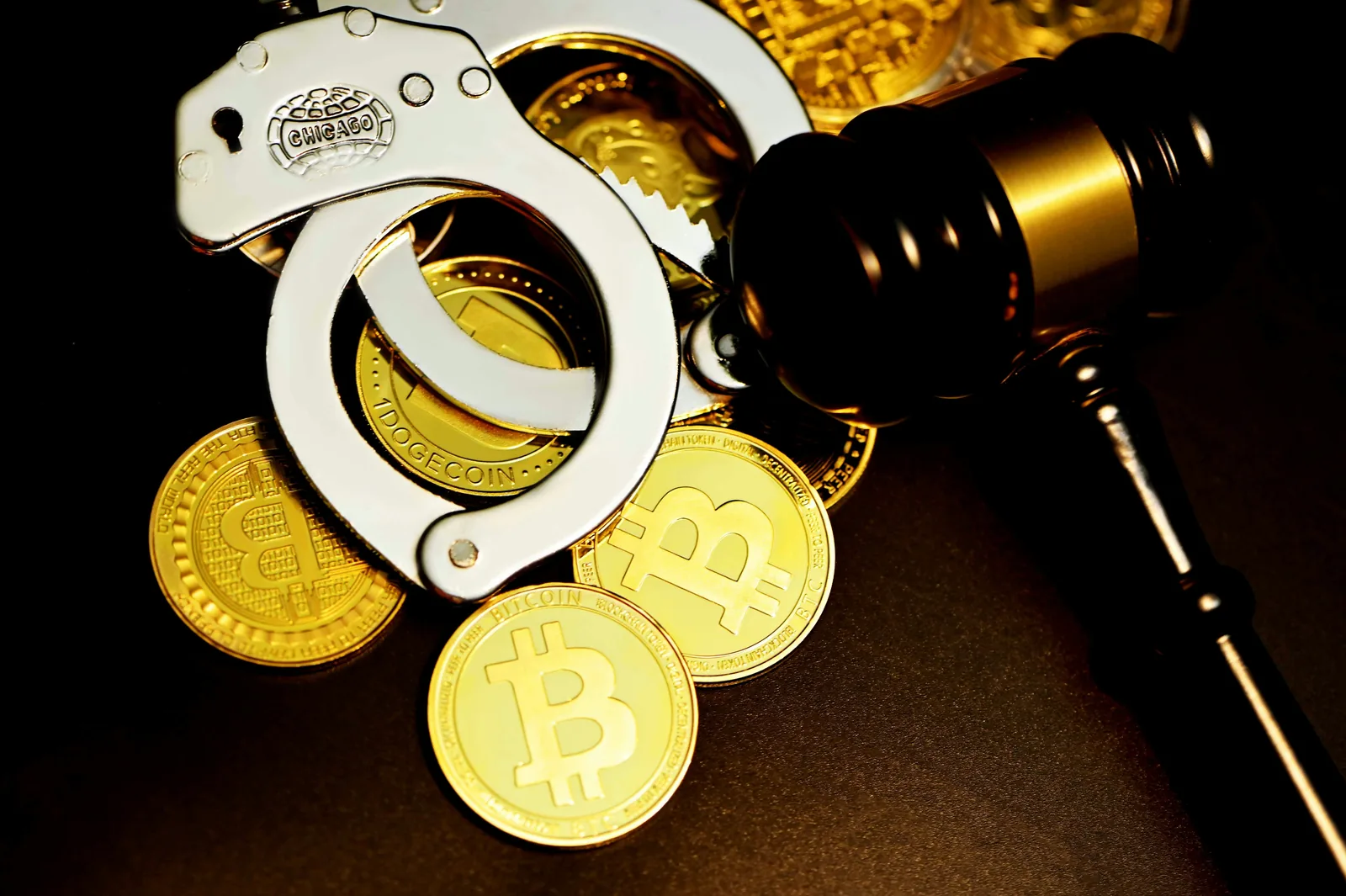 Handcuffs and a gavel over coins representing seller-impersonation and property fraud targeting Tarrant County owners