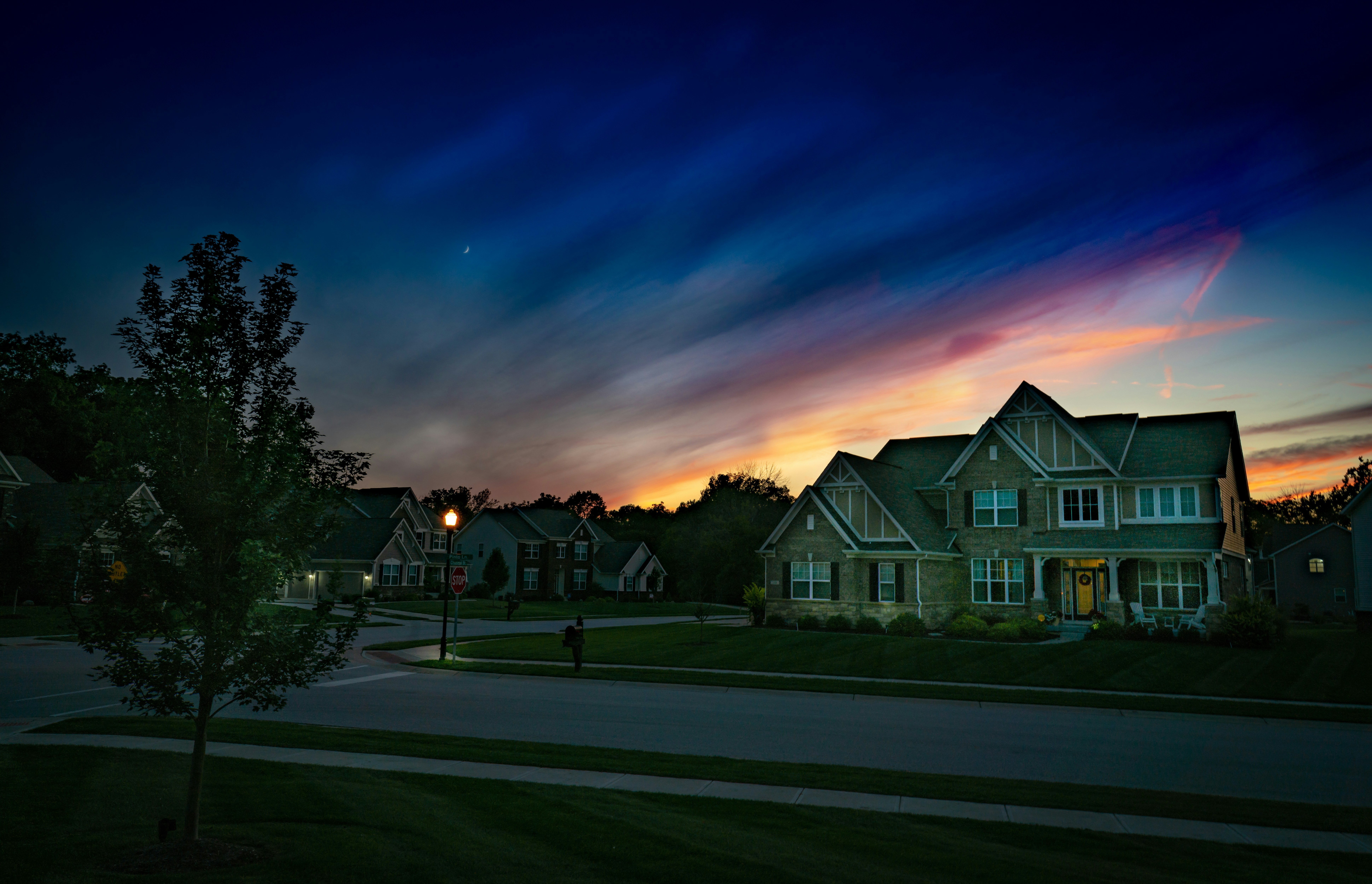 Suburban homes at sunset