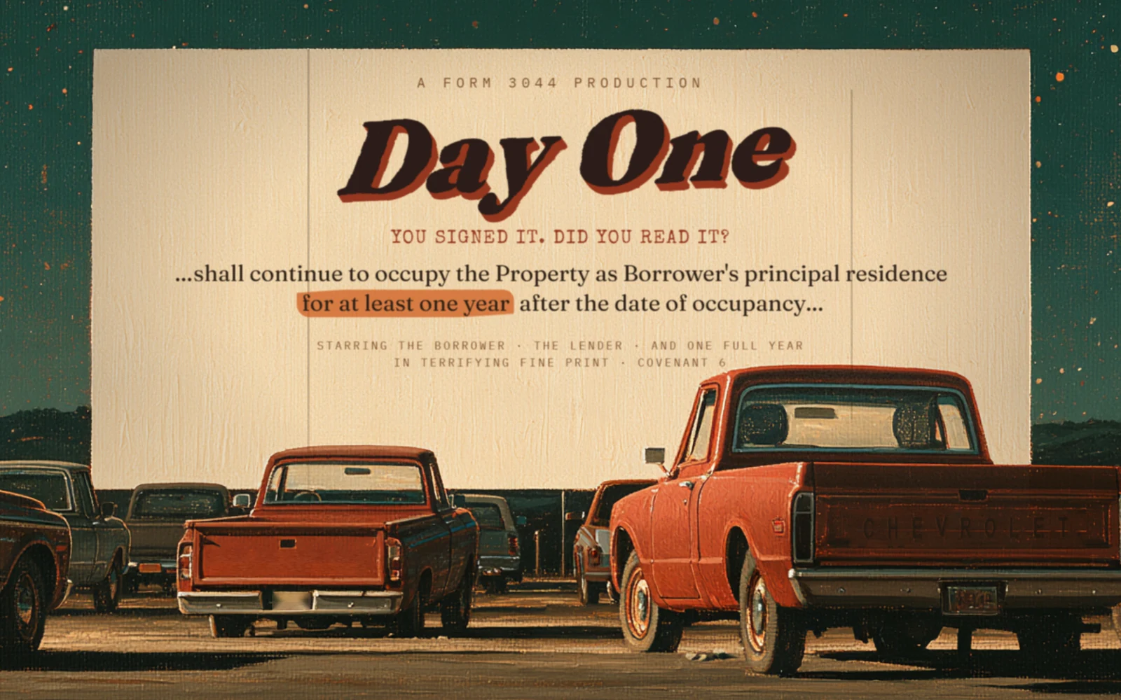 Painting of pickup trucks parked at a drive-in at night, the screen showing a title card that reads Day One above a line from a deed of trust
