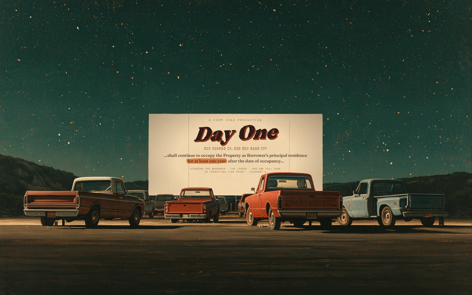 Painting of pickup trucks parked at a drive-in at night, the screen showing a title card that reads Day One above a line from a deed of trust