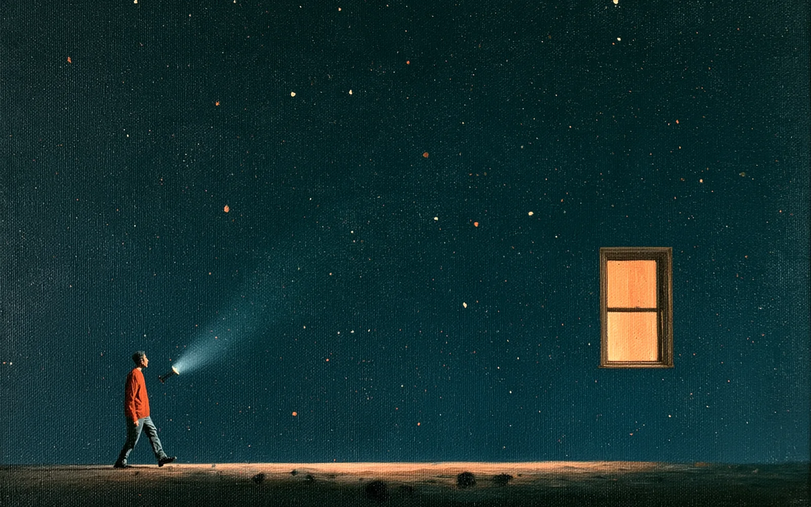 Painting of a lone figure walking at night with a flashlight beam pointed ahead, a single lit window in the dark beyond