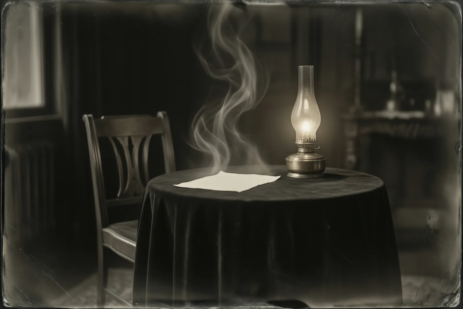 Old spirit photograph of a dark parlor: a round table draped in black, a single sheet of paper lying on it, an oil lamp turned low, and a pale wisp rising from the paper