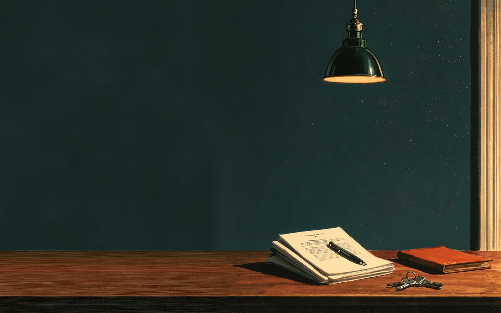 Painting of a green pendant lamp over a wooden table, with a stack of papers and a pen, a set of keys, and a red ledger book